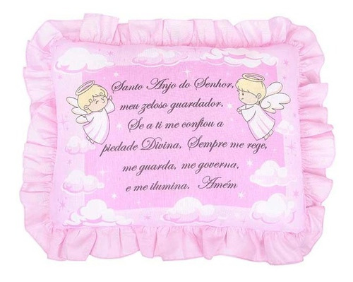 Travesseiro Bebê Oração Santo Anjo 28x35cm Luxo Com Babado