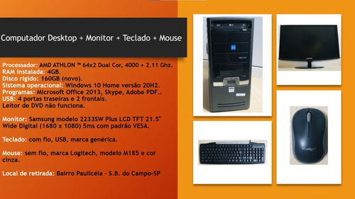 Imagem 1 de 5 de Computador Desktop + Monitor + Teclado + Mouse