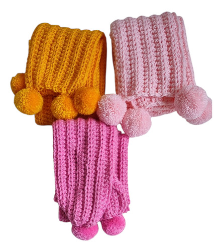 Bufanda Niña Tejida Crochet Pompones Amarillo Crochet Niña