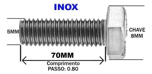 Parafuso Sextavado Inox A2 M5 X 70mm Ma 50 Peças