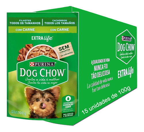 Caixa De Sachês Dog Chow Filhotes Todos Tamanhos Carne 100g