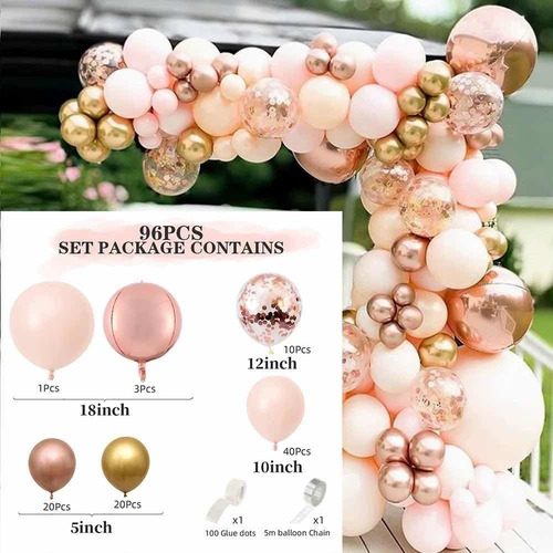 Arco Orgánico De Globos Rosa Dorado Crome Decoración 96 Pzas