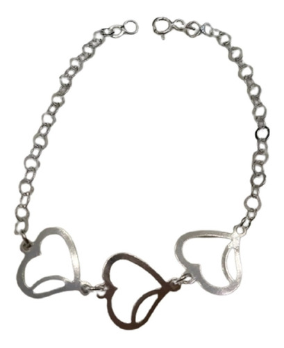 Pulseira Feminina Corações 20cm Prata 925 Legítima