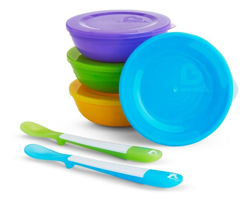 Juego de cuencos y cucharas, color Munchkin: verde, azul, amarillo y naranja, liso