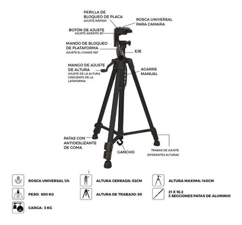 Imagen 2 de 3 de Tripode Fotografia Profesional 1,40 Mts Camaras Y Celulares