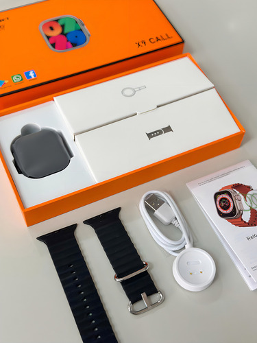Smartwatch X9 Call 4g Internet Chip Wifi Gps Tiktok Caixa Titânio Pulseira Laranja E Preto Bisel Titânio Desenho Da Pulseira Ocean