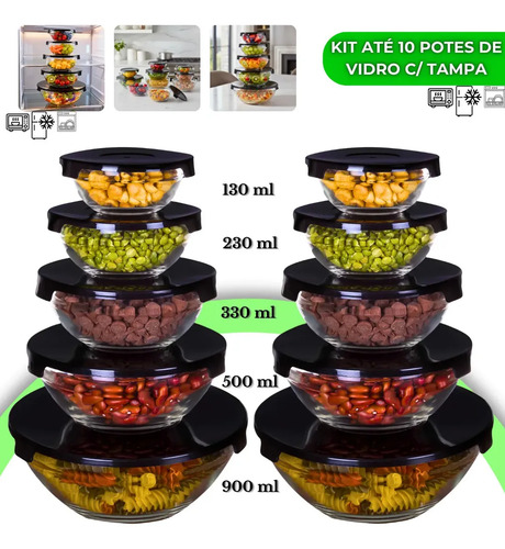 Kit 10 Potes De Vidro Hermético Com Tampa Tigela Redondo Freezer Micro-ondas Marmita Ideal para Alimentos e Refeições VYROX