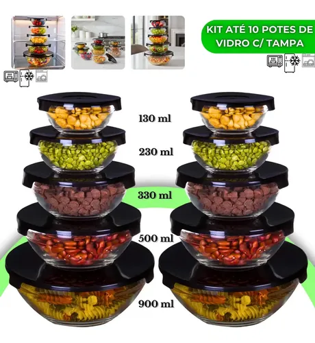 Kit 10 Potes De Vidro Hermético Com Tampa Tigela Redondo Freezer ​Micro-ondas