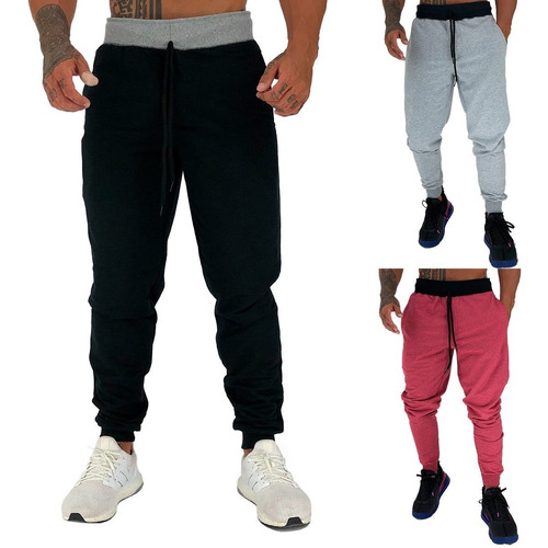 Kit 3 Calças Masculina Moletom Jogger Slim Swag Academia Fit