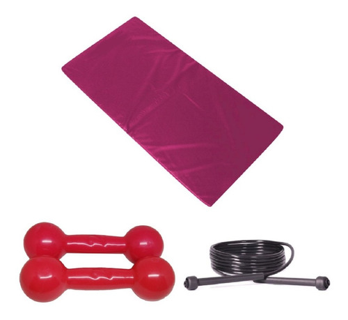 Kit Colchonete Rosa+ Par Halter Bola Emborrachado 2kg+ Corda