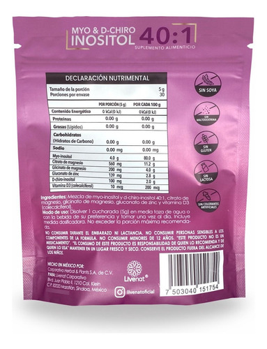 Myo & D-chiro Inositol Livenat | 40:1 Equilibrio Hormonal Sin Sabor