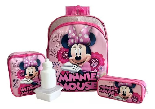 Kit Mochila Escolar Infantil Minnie Flores Rosa Costas G F5