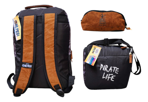 Kit Mochila Lonchera Lapicera One Piece Pirate Life Fotorama Negro Impresión