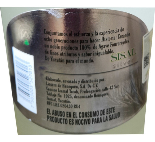 Imagen 3 de 3 de Sisal Silver 750ml. 38 Alc. Vol. Yucatan. 100% Agave.