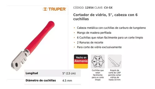 Cortador De Vidrio De 5 De 6 Cuchillas Mango Rojo Cod. Cv-5x Ref. 12954  Marca Truper