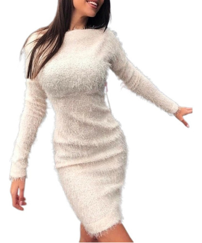 Otoño Invierno Mujer Felpa Sexy Manga Larga Vestido