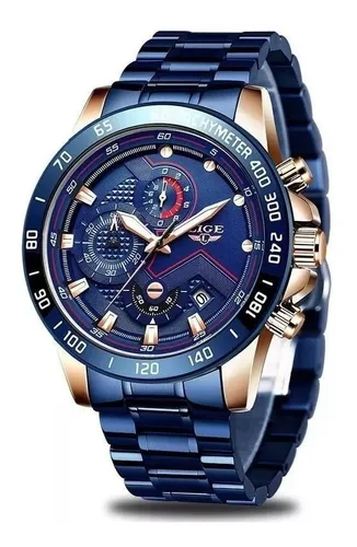 Reloj pulsera Lige 9982 de cuerpo color oro rosa, analógico, para hombre,  fondo azul, con correa