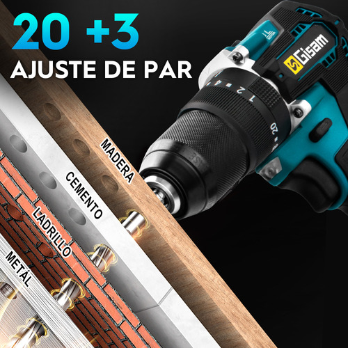 Taladro Percutor Atornillador Inalámbrico Mandril de 1/2'' con Asa Auxiliar 2Ah Gisam S3725 Color Azul