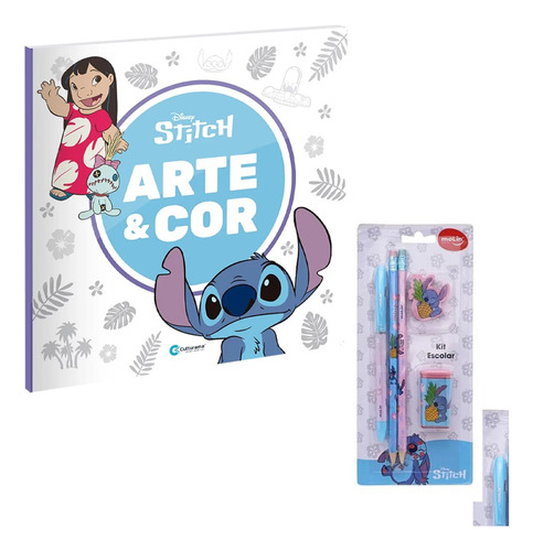 Kit Livro P/ Colorir Infantil Disney Stitch + Kit Escolar