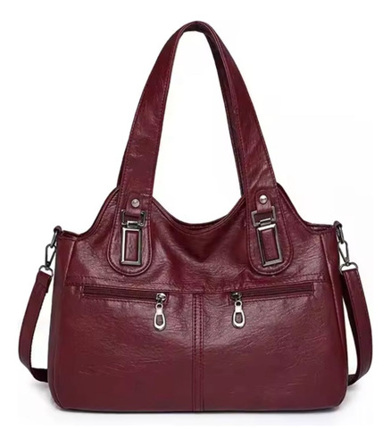 Cartera Bolso De Mujer Grande Estilo Básico De Eco Cuero Rojo Liso Cromado Rojo