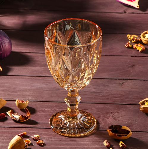 Set X 6 Copas Vintage Vidrio Rombos Para Agua Vino Bebidas Color Ambar/dorado