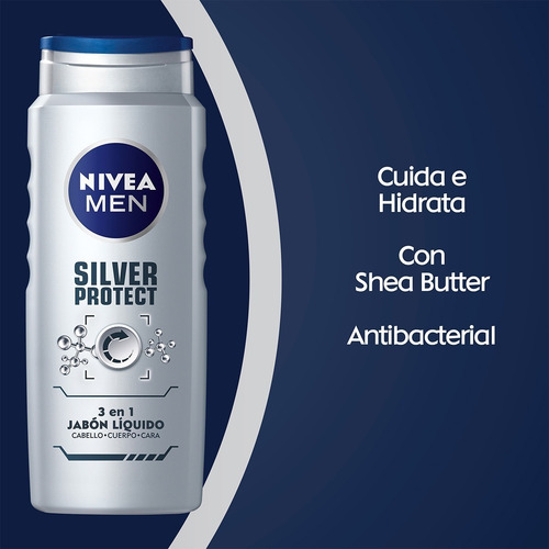 Imagen 4 de 6 de Gel Ducha Cuerpo Rostro Cabello Nivea Silver Protect 500 Ml