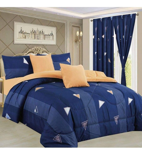 Juego 11 Pz Edredon Individual Reversible Cortinas Y Fundas Azul Marino