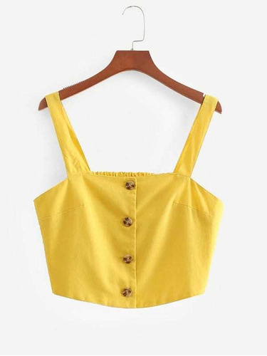 Top Amarillo Botones Espalda Elasticada Shein