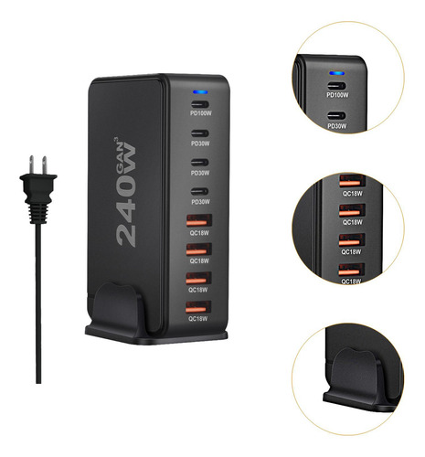 Estação De Carregamento De Mesa 240w Carregador Usb Preto