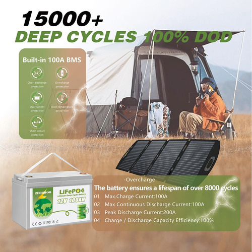 Batería De Litio Zeerboo 12v 100ah Lifepo4 Con Bluetooth 5.0