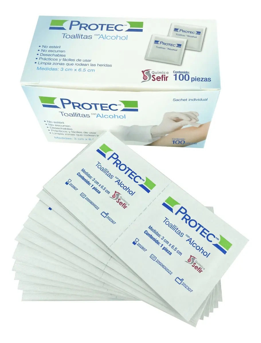 Toallitas Con Alcohol Protec 3x6.5 Cm. Caja Con 100 Pzas.
