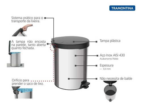 Tacho Basura Acero Inoxidable Tramontina Pedal 20l 94538/720