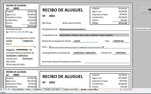 Planilha Para Impressão De Recibo De Aluguel