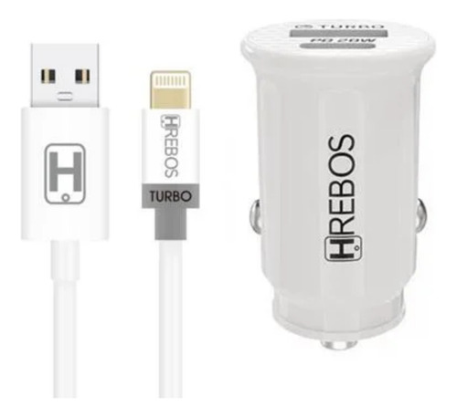 Hrebos Tipo C Usb Duplo Carregador Veicular Para Carro Pd 20w Turbo Cabo Para Iphone Cor Branco