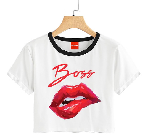 Blusa Mujer Boca Labios Moda Boss Playera Crop #834