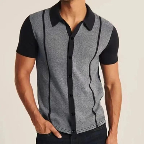 Camisa De Manga Corta Con Solapa A Rayas Para Hombre, Camisa