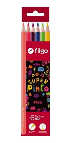 Lápiz Filgo Flúo Super Pinto Madera Estuche X 6 U. 