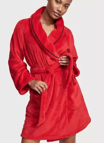 Roupão Victorias Secret Em Plush Cozy Robe Logo Vs Lipstick