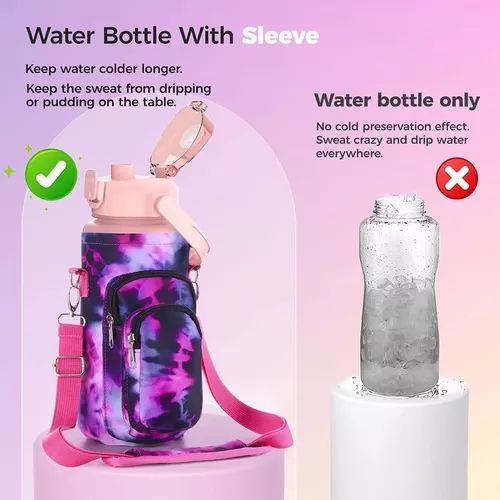 Botella de agua de medio galón con manga de 70 onzas (2 litros) con Funda  de Almacenamiento celulares, Marcador de Tiempo y motivacional, Sin BPA