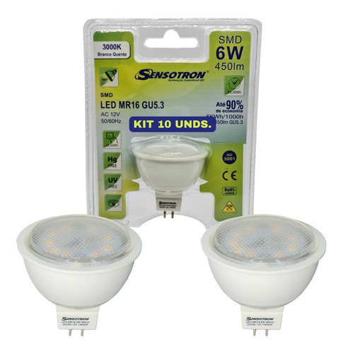 Kit 10 Lâmpadas Led 6w Smd Dicroica Mr16 Ac.12v Gu5.3 3000k