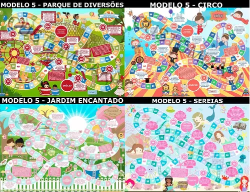 Modelo de jogo de tabuleiro com crianças e parque infantil