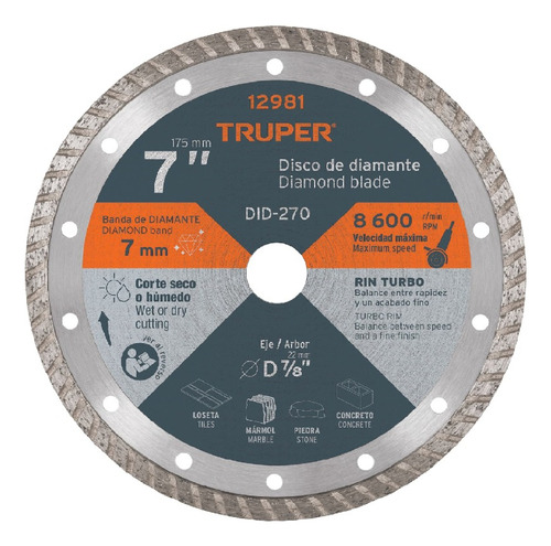 Disco Diamante Turbo 7'' Cortar Concreto Truper Did-270