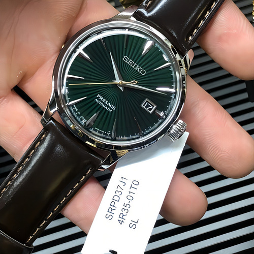 Relogio Seiko Srpd37j1 Presage Verde Coquetel Moncking Bird Cor Da Correia Marrom Cor Do Bisel Prateado