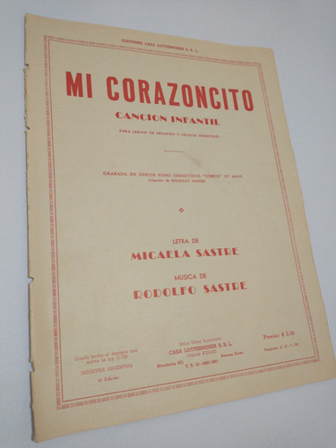 Partitura Mí Corazoncito De Rodolfo Sastre (Usado)