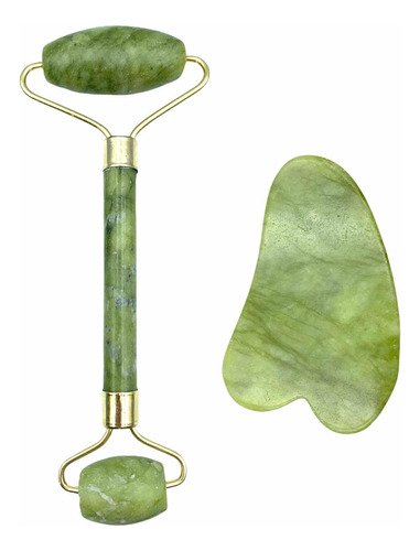 Combo Masajeador Roll On Jade + Piedra Guasha Dama Belleza Tipo De Piel Verde Jade