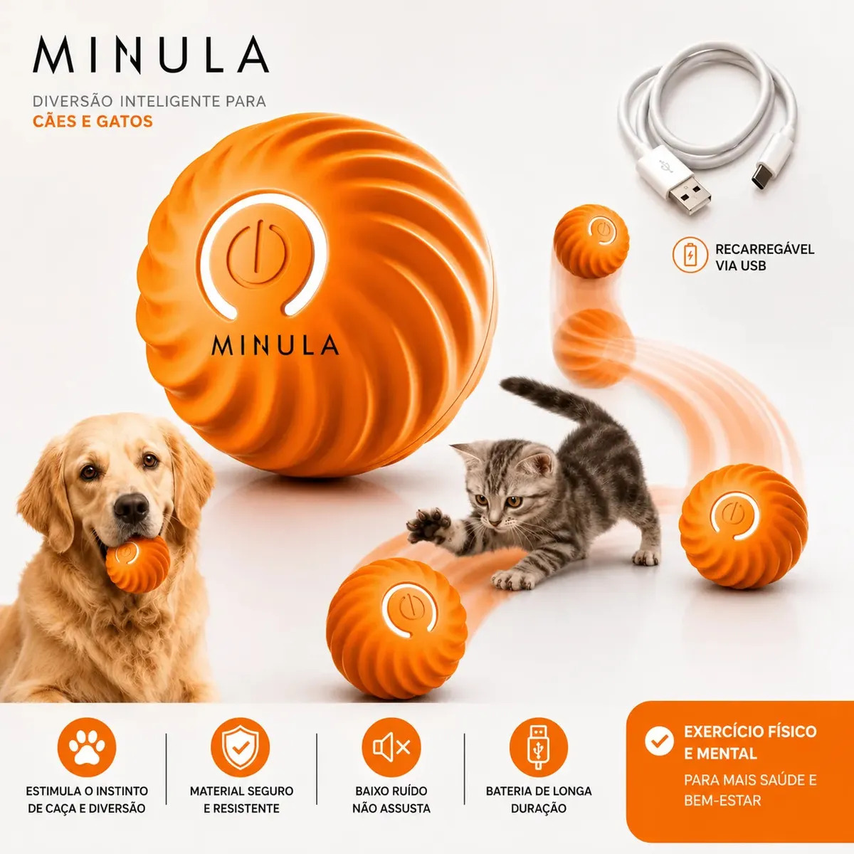 MINULA Bola Interativa Cães Recarregável Usb Brinquedo Cachorro Cão E Gato Bolinha