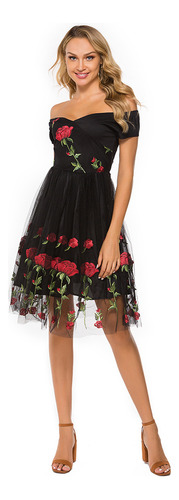 Vestido Hombros Descubiertos Con Bordado De Flores P/mujer