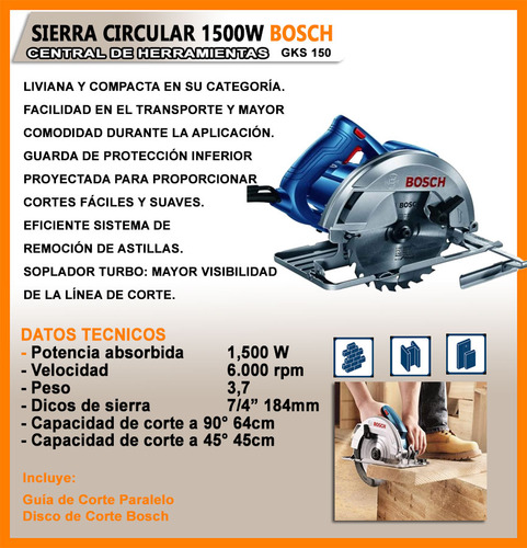 Sierra Circular 1500w Bosch Gks 150 + Bolso + Disco Madera