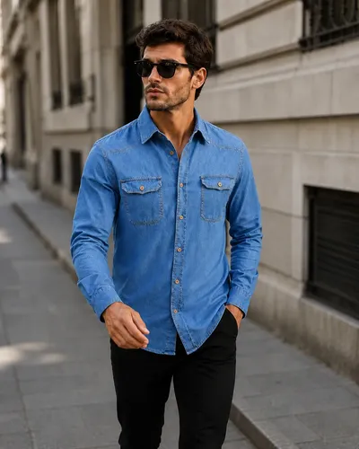 Camisa Jeans Masculina Social Slim Manga Longa