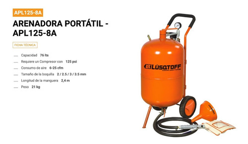 Imagen 2 de 6 de Arenadora Lusqtoff 76 Lts Neumatica Portatil Ruedas Boquilla